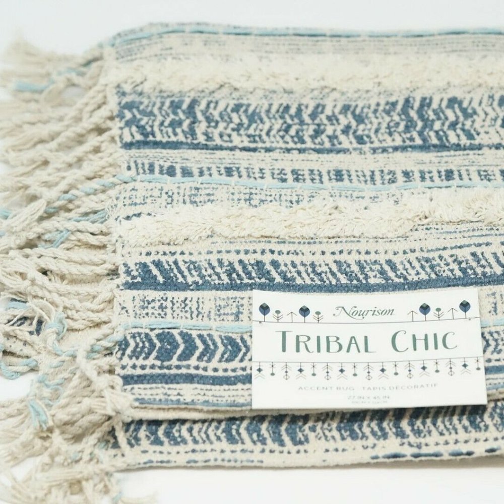 Nourison Tribal Chic 27" x 45" Cotton Striped Woven Fringe Accent Rug Blue Ivory
